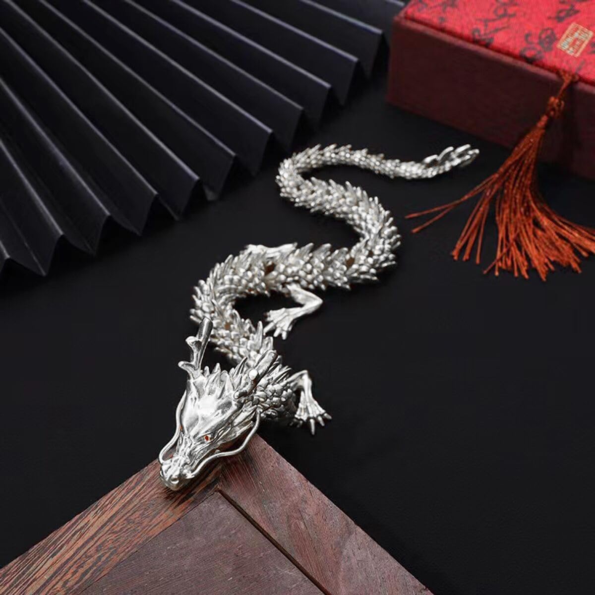 13.8 Inch Chinese Feng Shui Dragon Statue Sculpture Figurines Feng Shui Decor Home Office Desktop Decoration Good Lucky Gifts Silver