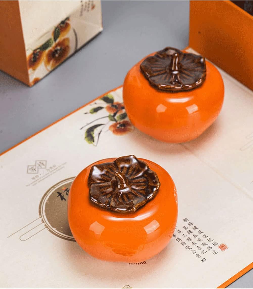 Liang baobao 2pcs Mini Tea Storage Containers ceramic jars with lids persimmon Jar container Orange Ornament for Tea Coffee Food Herb Candy Chocolate Sugar Spices (persimmon)