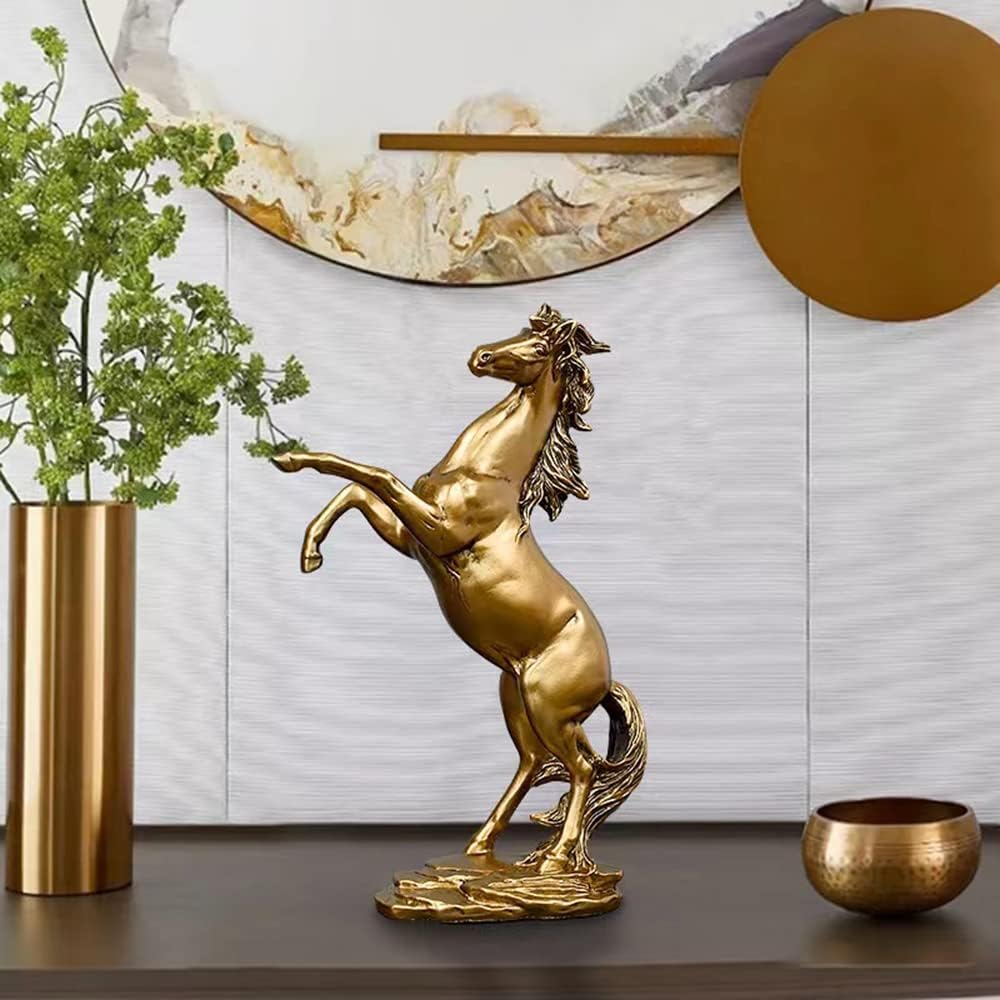 Gold Horse Statue Figurines - Resin Standing Fighting Horse Sculpture Home Office Decoration Tabletop Decor Ornaments