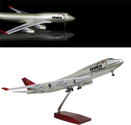 24-Hours 18” 1:130 Scale Airplane Model American Northwest 747 Plane Model with LED Light(Touch or Sound Control) for Decoration or Display