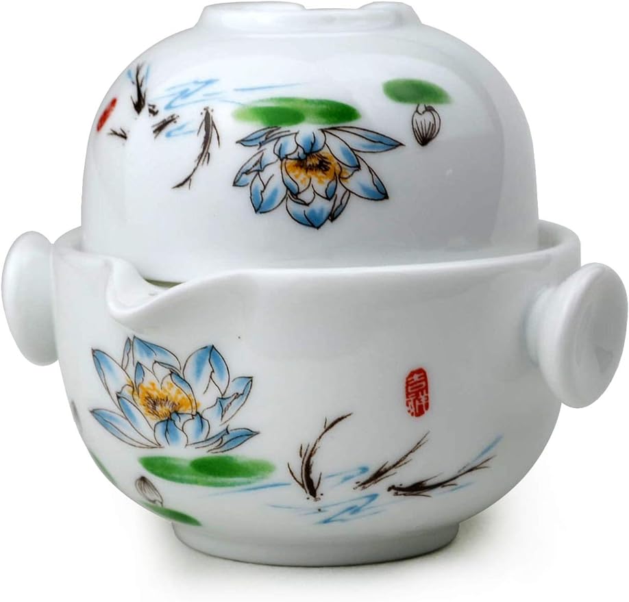 Liang baobao Convenient Teapot Cup Porcelain Teacup White Glazed Travel tea set (Lotus)