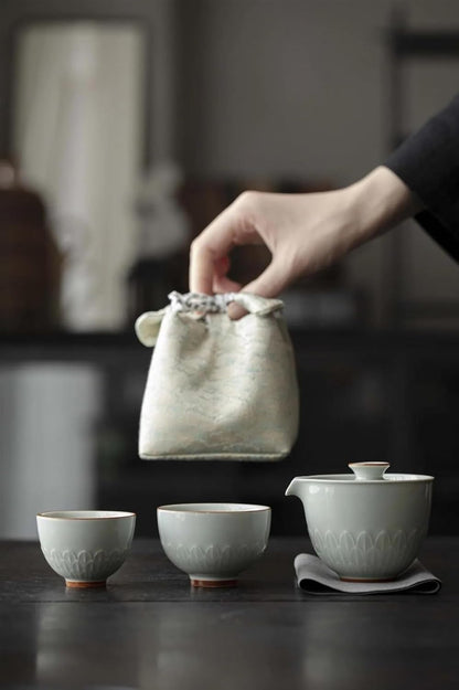 Afternoon Tea Set Antique Lotus Leaf Ceramic Tea Set Complete Set Travel Tea Set Tea Maker Gaiwan 1 Bowl 2 Cups Kung Fu Tea Set With Portable Bag Tea Set For Adults