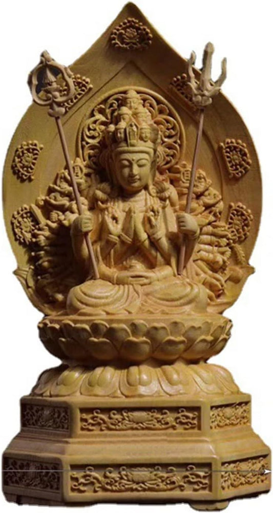 Aritjt Solid Wood Thousand-Hand Guan Yin Statue Quan Yin Statue Buddhist Avalokiteshvara Kuanyin/Buddhism Statue on Lotus -Best Chinese Feng Shui Gifts