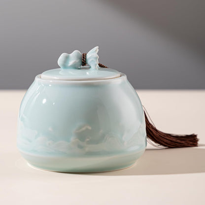 SILINE Genuine Longquan Celadon Airtight Container 20 oz/600ml,Green Porcelain Loose Tea Storage Jar (Pink Cyan)