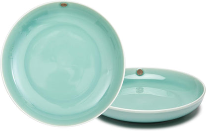SILINE 8" Green Porcelain Dinner Plates Set,2 PCS Genuine Longquan Celadon Round Tableware Plates