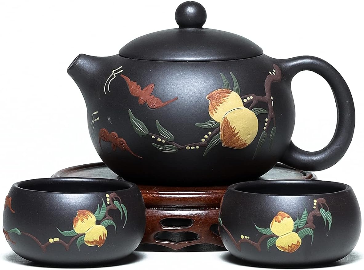 SILINE Zisha Tea Pot Set,Genuine Handmade Yixing Purple Clay Teapot 6.8 oz with 2 Tea Cups,Chinese Brew Kung Fu Tea Set