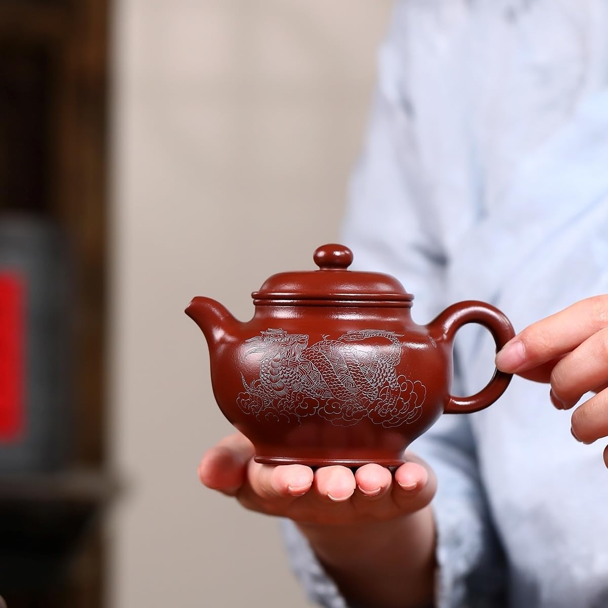 SILINE Precious Yixing Clay Small Teapot 8.8 Oz /260ml,Chinese Official Master Handmade Zisha Tea Poy,Infuse Brew Kung Fu Tea Maker (HanYun,Zhuni Red Clay)