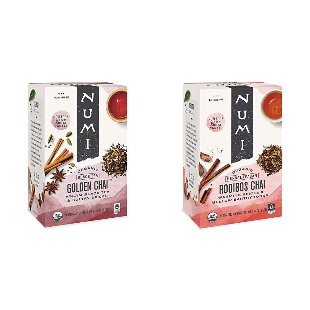 Numi Organic Tea Golden Chai, 18 Count Box of Tea Bags, Black Tea (Packaging May Vary) & Organic Tea Rooibos Chai, 18 Count Box of Tea Bags, Herbal Teasan, Caffeine-Free (Packaging May Vary)