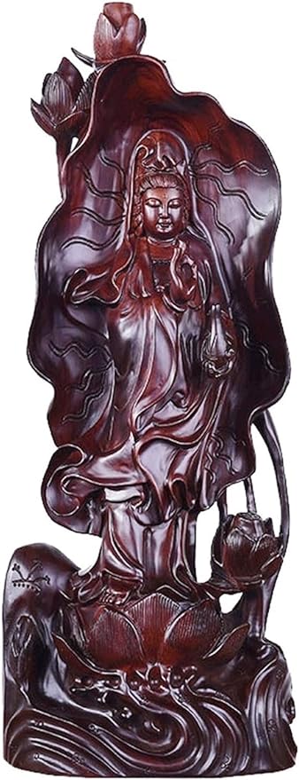 PBANDN Zen Art Buddha Statue Garden Patio Sculpture, Ornament Buddha Statue Ebony Wood Carving Lotus Leaf Guanyin Buddha Statue Meditating Sculpture