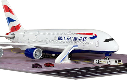 British A380 Model Airplane 18.5 Inches Long 1/160 Scale British A380 Model with LED Lights and Airport Scene Accessories Ideal Display and Gift