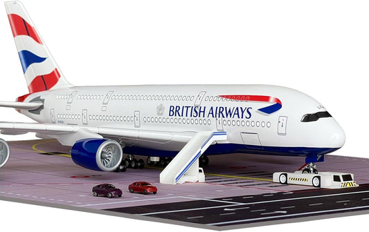 British A380 Model Airplane 18.5 Inches Long 1/160 Scale British A380 Model with LED Lights and Airport Scene Accessories Ideal Display and Gift