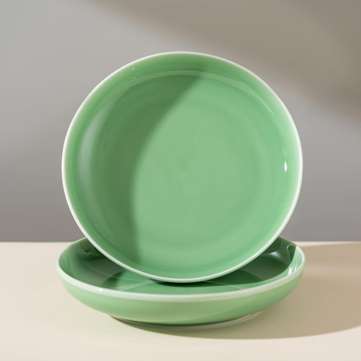 SILINE 8" Green Porcelain Dinner Plates Set,2 PCS Genuine Longquan Celadon Round Tableware Plates (Classic Cyan)