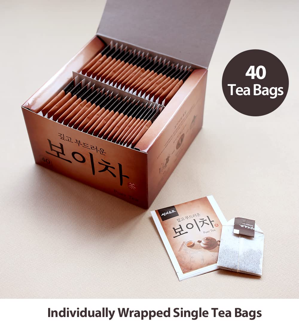 Ssanggye Pu-erh Tea 0.6g X 40 Tea Bags, 100% Naturally Fermented Puer Pu'er Tea Contains Natural Caffeine Anti-Inflammation Improves Digestion Boost Energy and More Health Benefits
