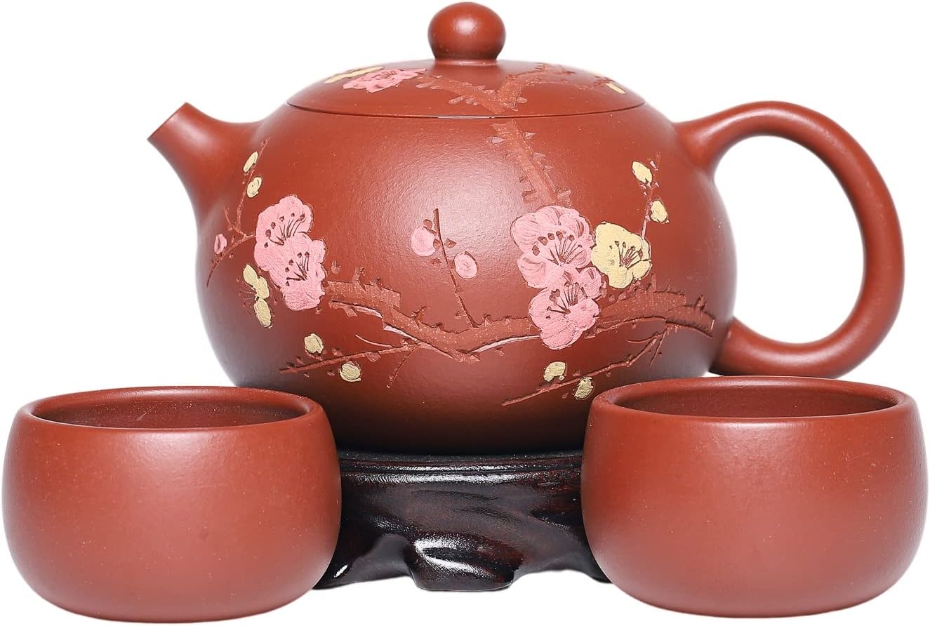 SILINE Zisha Tea Pot Set,Master Handmade Genuine Yixing Clay Teapot 5.4 Oz with 2 Cups (Hanwan,Zhuni Clay)