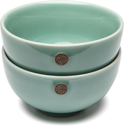 SILINE 4.5" Green Porcelain Bowls Set,2 PCS Genuine Longquan Celadon 11.8 Oz Rice Bowls