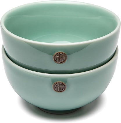 SILINE 4.5" Green Porcelain Bowls Set,2 PCS Genuine Longquan Celadon 11.8 Oz Rice Bowls