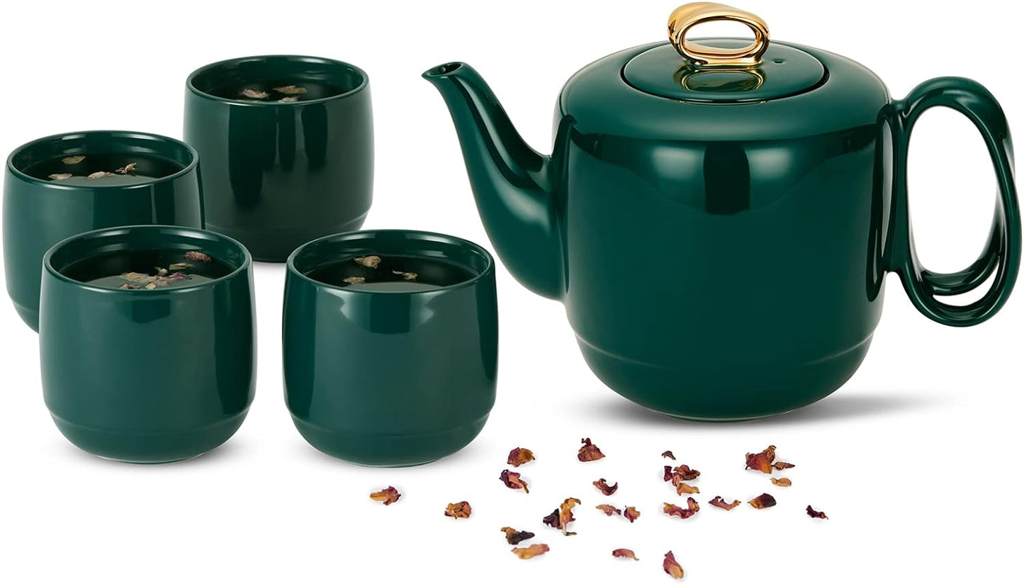 ZENS Porcelain Teapot with Infuser, Entwined Handle Dark Green 3 Cup Loose Tea Pot, 33.8 Ounces Luxury Gold Trim Teapot Gift for Afternoon Tea /1000ML