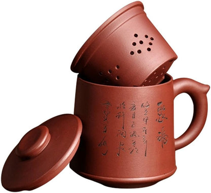 ufengke Yixing Zi Sha Tea Cup with Tea Strainer,Lid & Chinese Words Tea for One Handmade Ceramic Teapot,Purple Clay Tea Cup,21oz