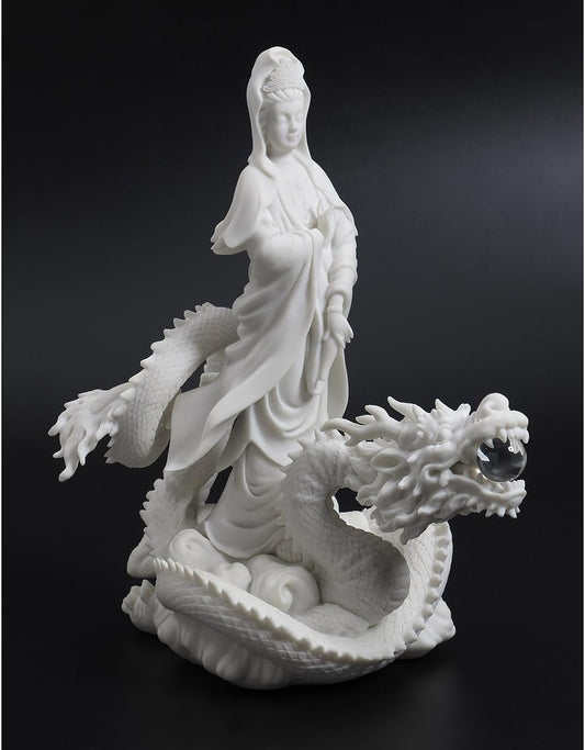 13-inch Quan Yin Riding on Dragon Statue Marble-Finish Version