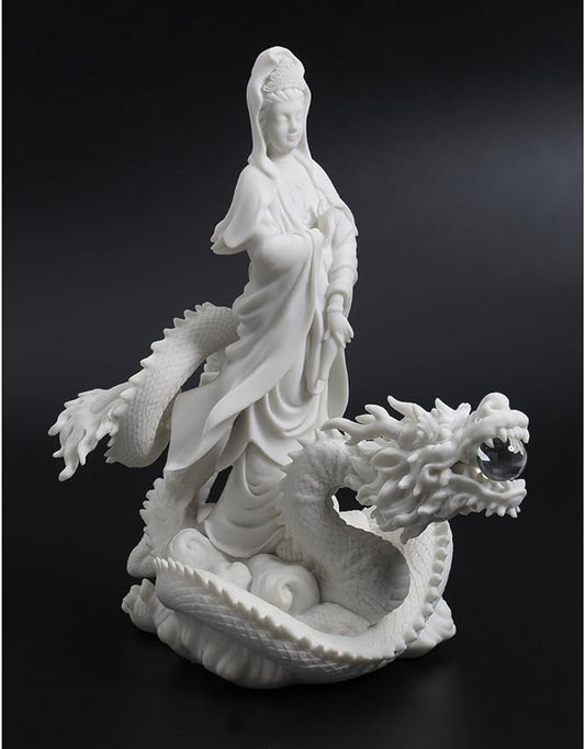 13-inch Quan Yin Riding on Dragon Statue Marble-Finish Version