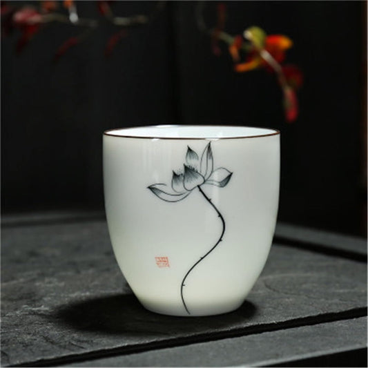 Chinese/Japanese Tea Set 1Pcs Chinese Tea Cup Ceramic Hand-painted Kung Fu Teacup Ginkgo/Lotus/Bamboo/Zen Home Office Drinkware Creative Gifts 150ml Portable Teapot Set Tea Gift set ( Size : Ink lotus