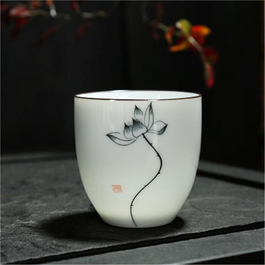 Chinese/Japanese Tea Set 1Pcs Chinese Tea Cup Ceramic Hand-painted Kung Fu Teacup Ginkgo/Lotus/Bamboo/Zen Home Office Drinkware Creative Gifts 150ml Portable Teapot Set Tea Gift set ( Size : Ink lotus