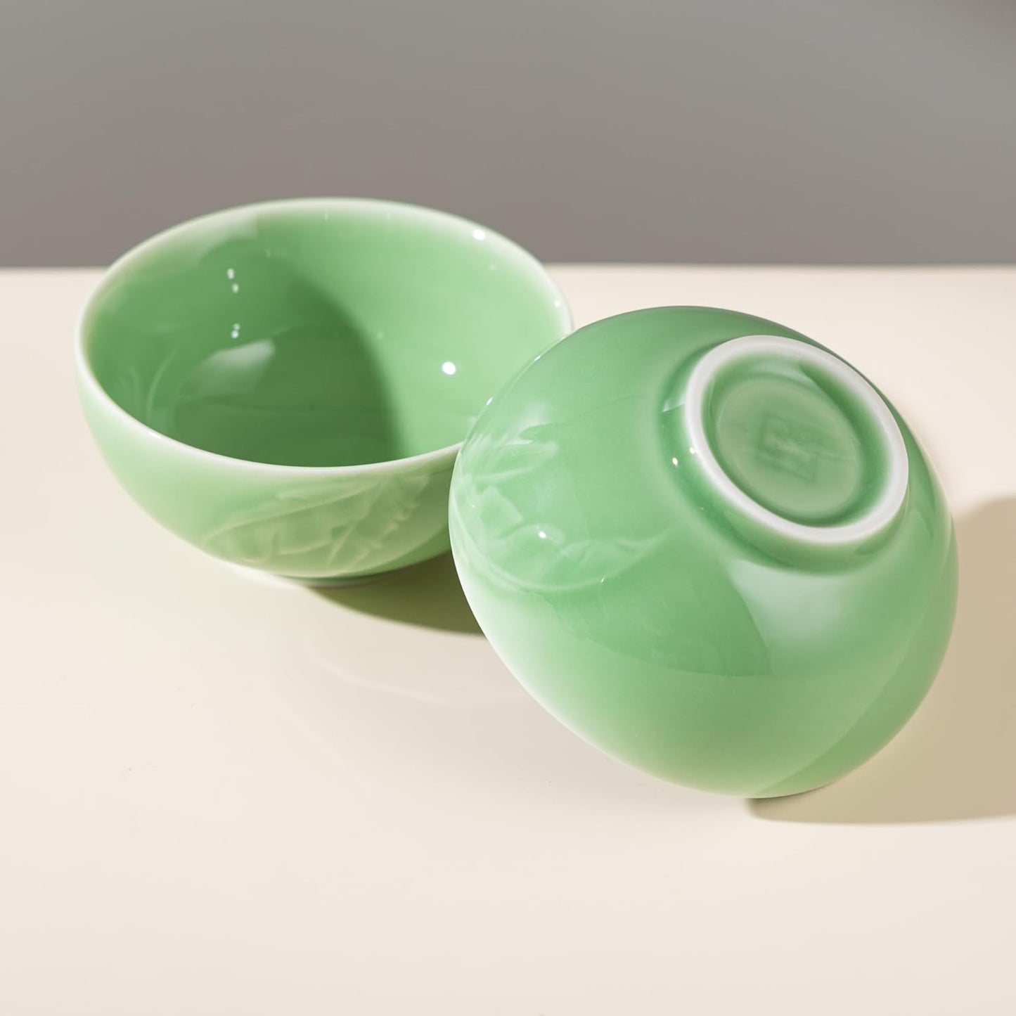 SILINE 4.5" Green Porcelain Bowls Set,2 PCS Genuine Longquan Celadon 10 Oz Rice Bowls (Classic Cyan)