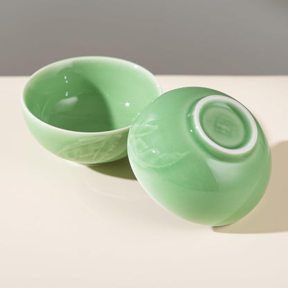 SILINE 4.5" Green Porcelain Bowls Set,2 PCS Genuine Longquan Celadon 10 Oz Rice Bowls (Classic Cyan)