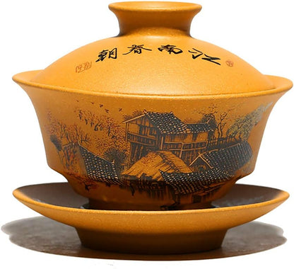 MULHUE Hand-painted yixing tea cup，Chinese Traditional Teaware Zisha Porcelain Gaiwan Kungfu Tea bowl with Lid and Saucer-135ml/4.6oz