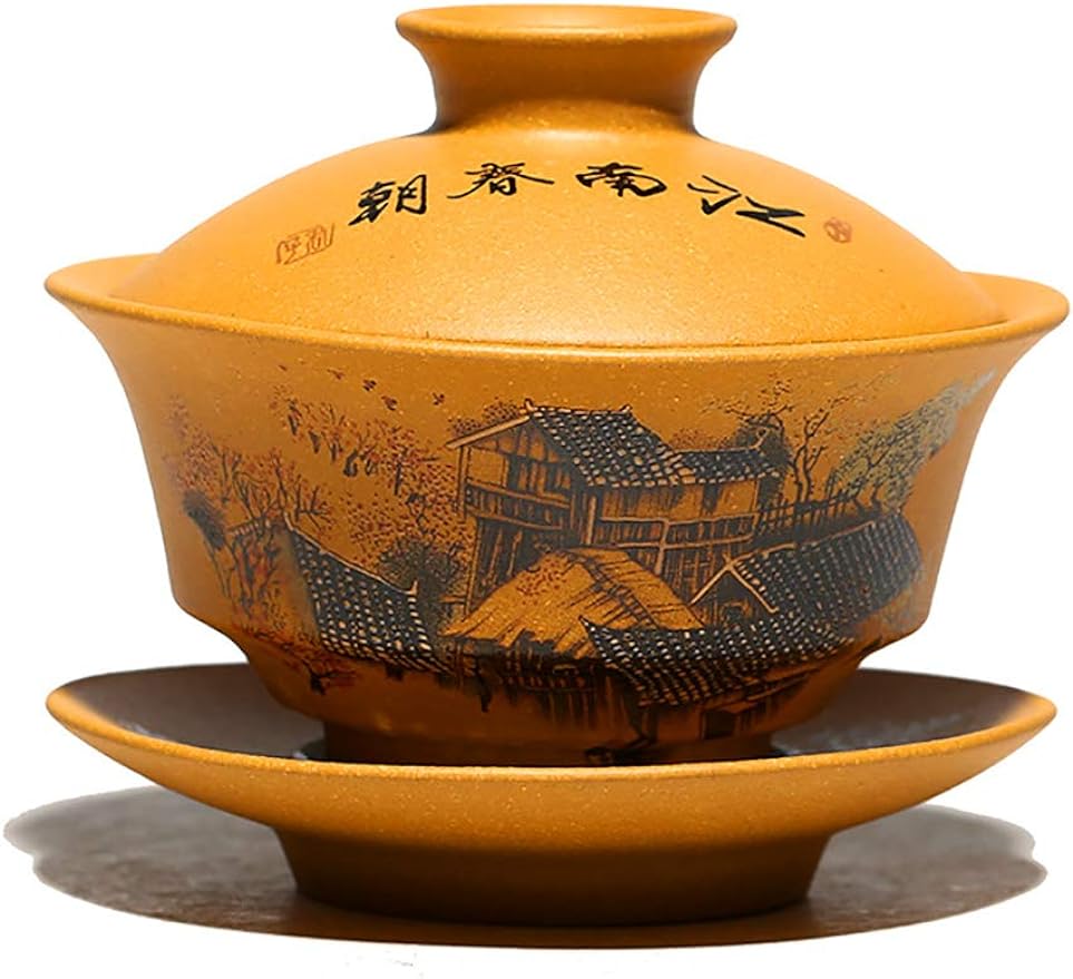 MULHUE Hand-painted yixing tea cup，Chinese Traditional Teaware Zisha Porcelain Gaiwan Kungfu Tea bowl with Lid and Saucer-135ml/4.6oz