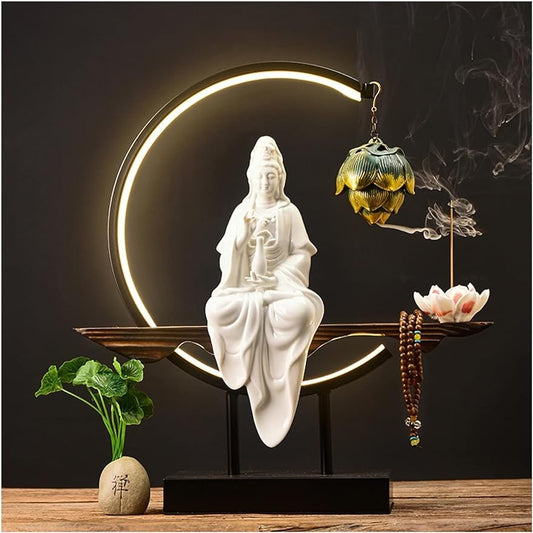 Buddha Statue New Chinese Guanyin Buddha Statue Ornament Solid Wood Entrance Hall Living Room Home Decorations Ceramic Buddha Statue Ornament Decoration Zen Meditation Decor (Color : White Porcelain