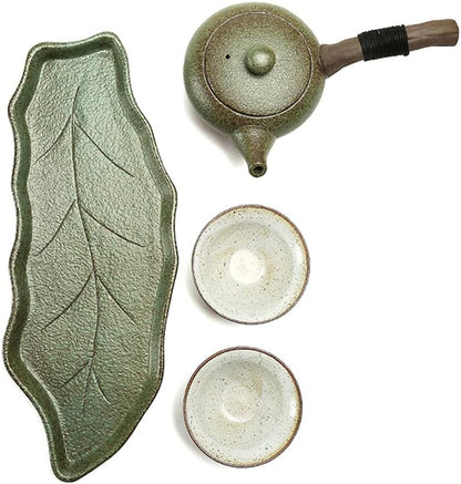 Japanese Coarse Pottery Green Tea Set With Leaf Tray And 2 Tea Cups, Gift Box. 日本茶セット