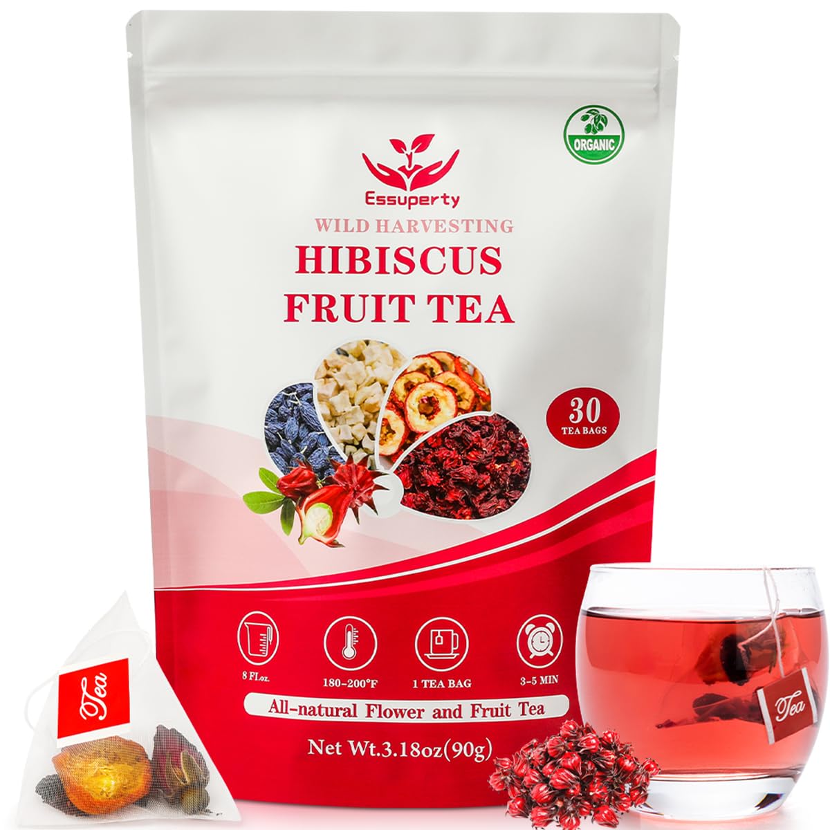 Essuperty- Rose Pu 'er Tea, Rose Puerh Tea Bags, Eco-Conscious Tea Bags, Caffeinated, All Natural Ingredients