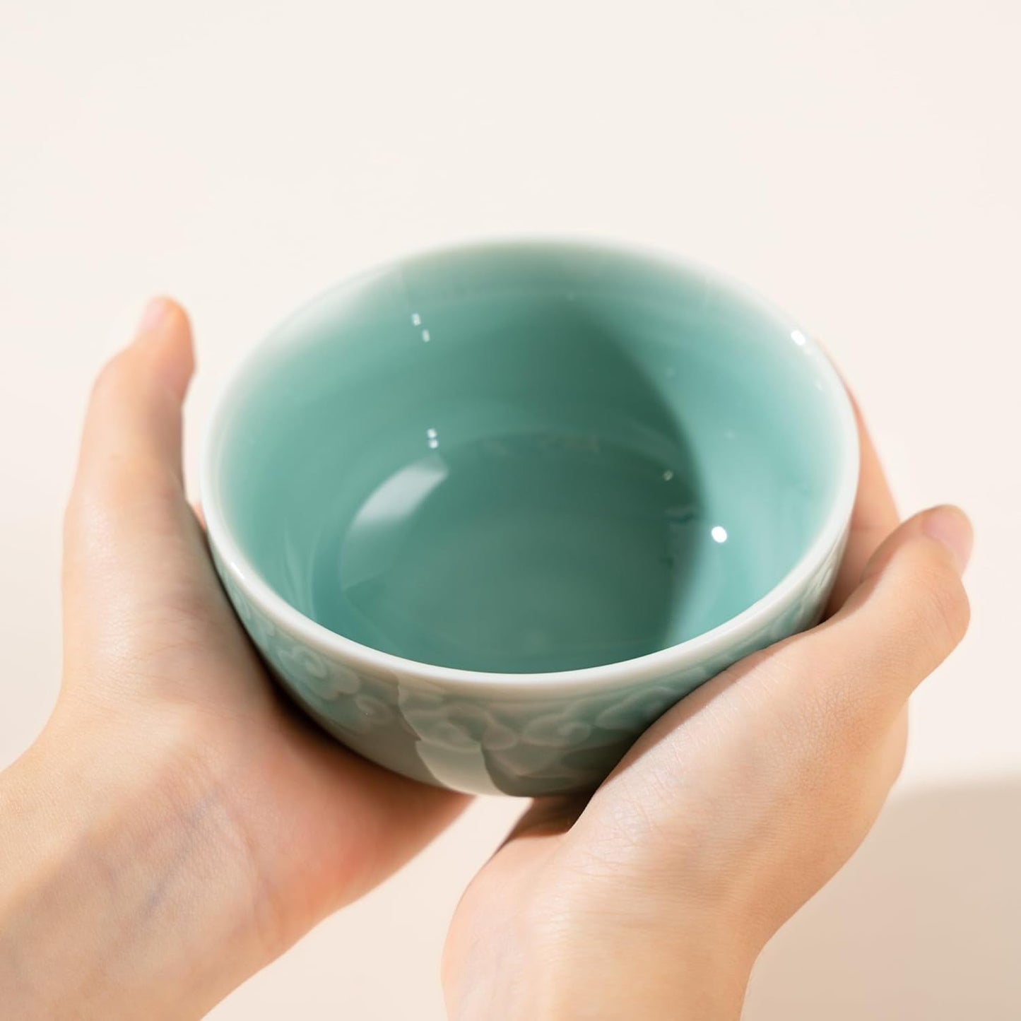 SILINE 4.5" Green Porcelain Bowls Set of 2,Genuine Longquan Celadon 9.8 Oz Rice Bowls