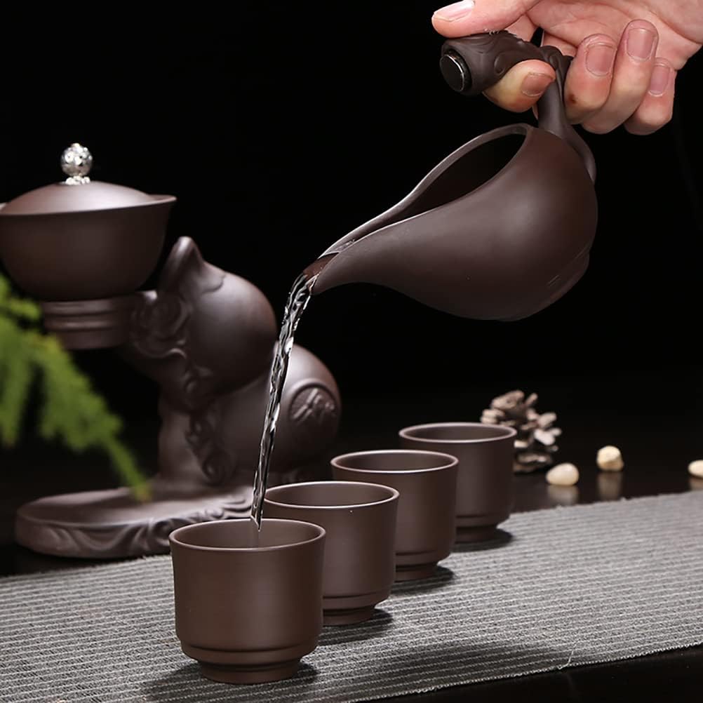MOZEO Zisha Teapot Set Semi Automatic Drip Rotating with Infuser Lazy Kungfu Tea pot Set with 6pcs Cups (Teapot set)