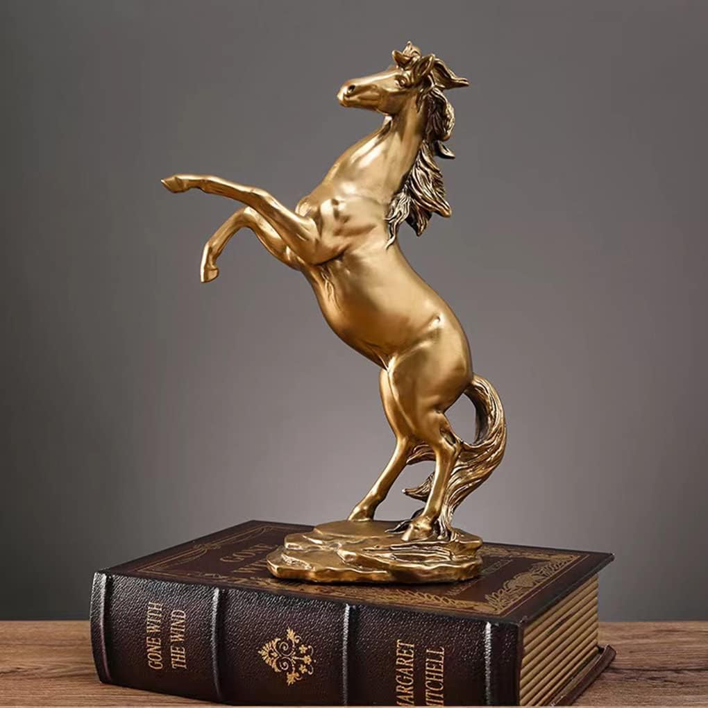 Gold Horse Statue Figurines - Resin Standing Fighting Horse Sculpture Home Office Decoration Tabletop Decor Ornaments