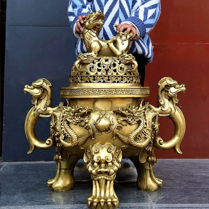 62CM Huge home temple Mansion efficacious Mascot talisman thriving business good luck gold dragon PI XIU COPPER  Fortune tripod