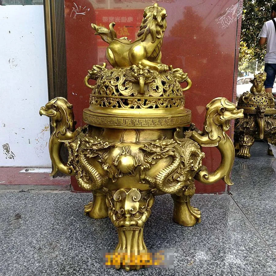 62CM Huge home temple Mansion efficacious Mascot talisman thriving business good luck gold dragon PI XIU COPPER  Fortune tripod