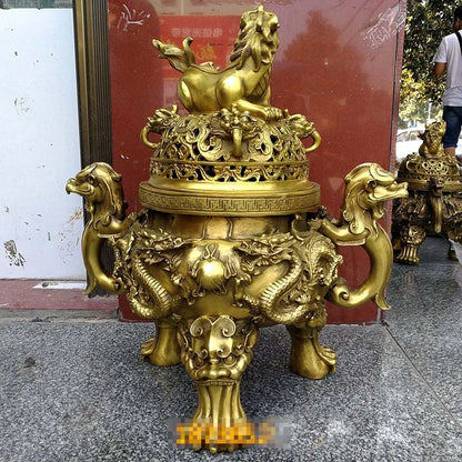 62CM Huge home temple Mansion efficacious Mascot talisman thriving business good luck gold dragon PI XIU COPPER  Fortune tripod