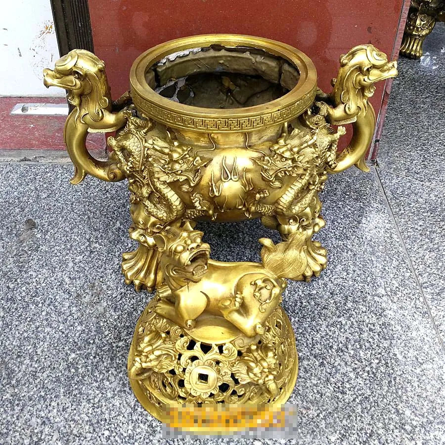 62CM Huge home temple Mansion efficacious Mascot talisman thriving business good luck gold dragon PI XIU COPPER  Fortune tripod