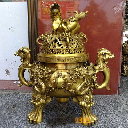62CM Huge home temple Mansion efficacious Mascot talisman thriving business good luck gold dragon PI XIU COPPER  Fortune tripod