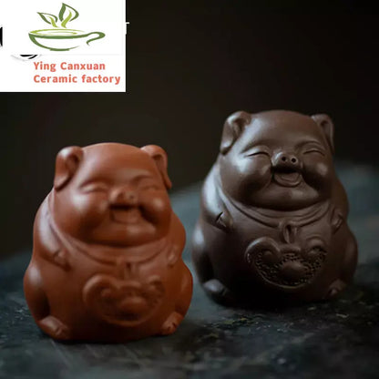 Yixing Sculpture Purple Clay Tea Pet Chinese Lucky Fortune Pig Statue Ornaments Handmade Tea Figurine Art Tea Set Decors Crafts