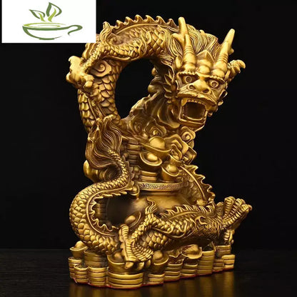 Chinese Pure Copper Dragon Ornaments Treasure Bowl Dragon Zodiac Home Desktop Statues Decorations