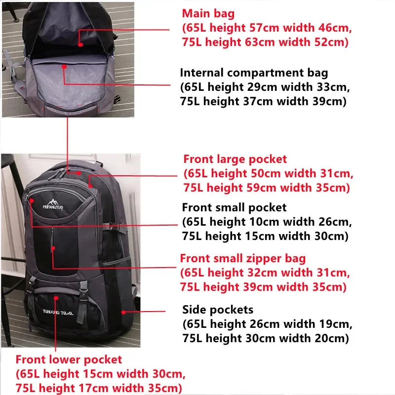 65L 75L Men's Outdoor Climbing Travel Rucksack Sports Camping Hiking Backpack School Bag Pack For Male Female Women
