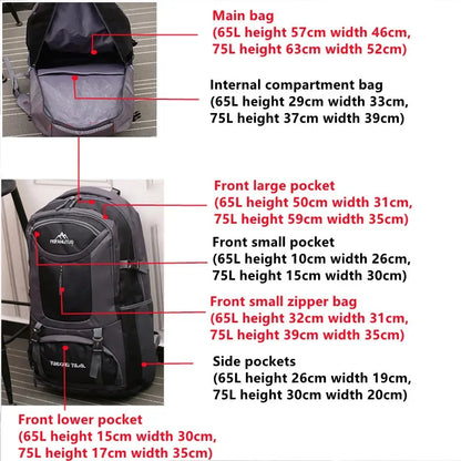 65L 75L Men's Outdoor Climbing Travel Rucksack Sports Camping Hiking Backpack School Bag Pack For Male Female Women