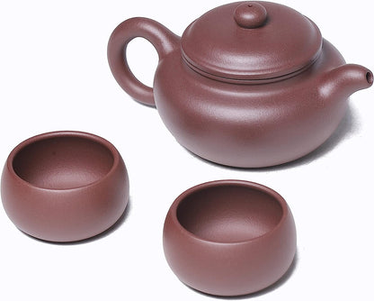 Fine Handmade Zisha Teapot Set,Yixing Purple Clay Tea Pot 9 Oz with 2 Cups,Chinese Kungfu Brew Infuser Loose Leaf Tea(Fanggu)