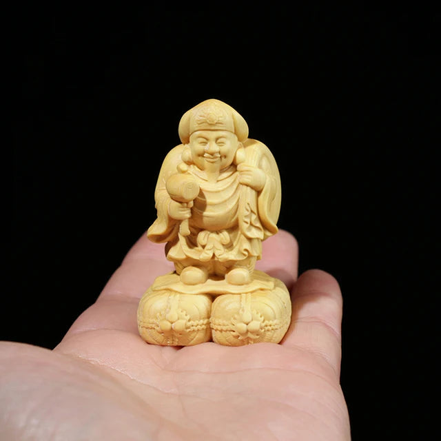 6CM/10CM Boxwood Statue Wood Buddha CraftHome Decor Feng Shui Office Decoration Sculpture Japanese God of Wealth Mahakala