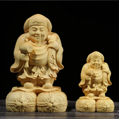 6CM/10CM Boxwood Statue Wood Buddha CraftHome Decor Feng Shui Office Decoration Sculpture Japanese God of Wealth Mahakala