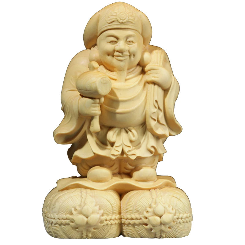 6CM/10CM Boxwood Statue Wood Buddha CraftHome Decor Feng Shui Office Decoration Sculpture Japanese God of Wealth Mahakala