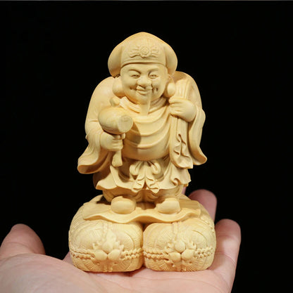 6CM/10CM Boxwood Statue Wood Buddha CraftHome Decor Feng Shui Office Decoration Sculpture Japanese God of Wealth Mahakala